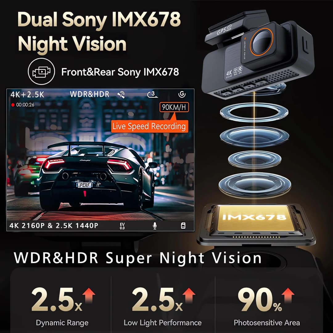 كاميرا سيارة مزدوجة العدسة بدقة 4K UHD، مسجل فيديو DVR، رؤية ليلية، مسجل فيديو، GPS، واي فاي، صندوق أسود، كاميرا رؤية خلفية بدقة 2.5K - 4