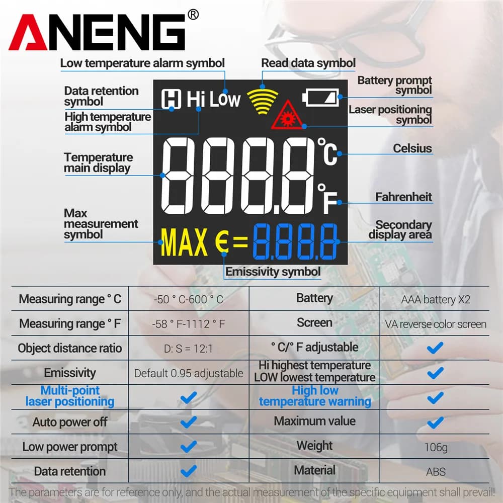 مقياس حرارة الأشعة تحت الحمراء الرقمي من أنينج TH203 -50~600℃ مقياس حرارة غير تلامسي جهاز اختبار مقياس رطوبة أداة صناعية - 6