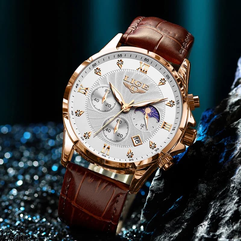 LIGE Mens Watches Casual Business Watch Men Luxury Waterproof Date Luminous Chronograph Wristwatch Quartz Watch Leather Clock - 3