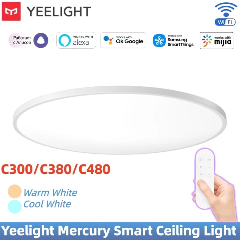 إضاءة سقف ذكية Yeelight Mercury واي فاي أبيض دافئ/أبيض بارد للعناية بالعيون مع وضع ضوء القمر تحكم صوتي متوافق مع Mi Home