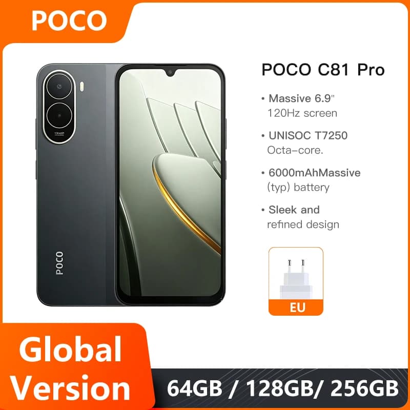 هاتف ذكي POCO C81 Pro إصدار عالمي، شاشة 6.9 بوصة، معدل تحديث 120 هرتز، بطارية 6000 مللي أمبير، معالج UNISOC T7250 ثماني النواة، نظام تشغيل HyperOS 3، موديل 2026
