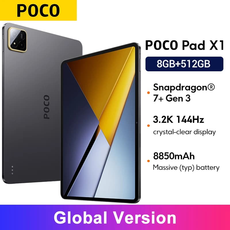 جهاز لوحي POCO Pad X1 نسخة عالمية، معالج Snapdragon® 7+ Gen 3، شاشة 11.2 بوصة بدقة 3.2K، كاميرا 13 ميجابكسل، بطارية 8850 مللي أمبير، شحن توربو 45 واط