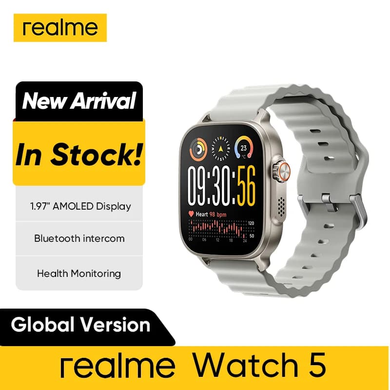إصدار عالمي realme watch 5 شاشة 1.97 بوصة 600nits AMOLED بطارية 460mAh تدوم حتى 14 يومًا 300+ ثيم دعم GPS GNSS مقاوم للماء IP68