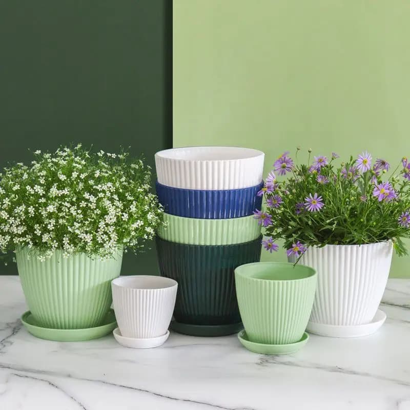 Flower Pot Round Planters Succulents Plant Pot with Tray Office Desktop Balcony Home Garden Decoration Outdoor Potted 5 Sizes - 5