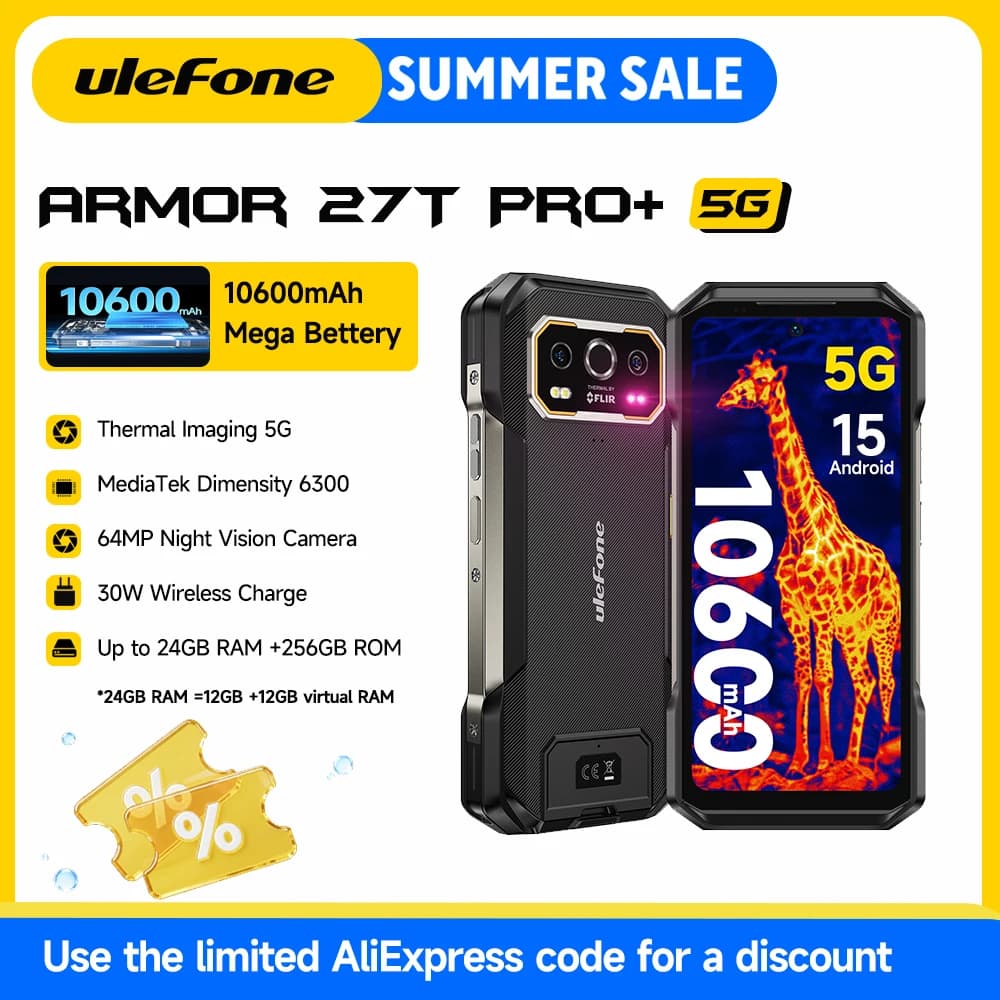 هاتف Ulefone Armor 27T Pro 5G المتين بطارية 10600 مللي أمبير أندرويد 14 كاميرا ليلية 50 ميجابكسل+64 ميجابكسل شاشة 6.78 بوصة 120 هرتز ذاكرة 24 جيجابايت+256 جيجابايت NFC