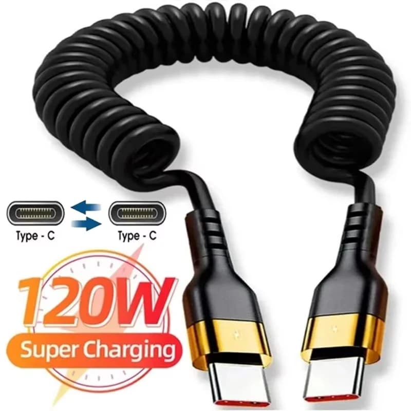 PD 120 واط نوع C إلى نوع C كابل 5A شحن سريع USB C الربيع كابل شاحن السيارة آيفون 15 سلسلة Xiaomi 12 سامسونج S23 ماك بوك