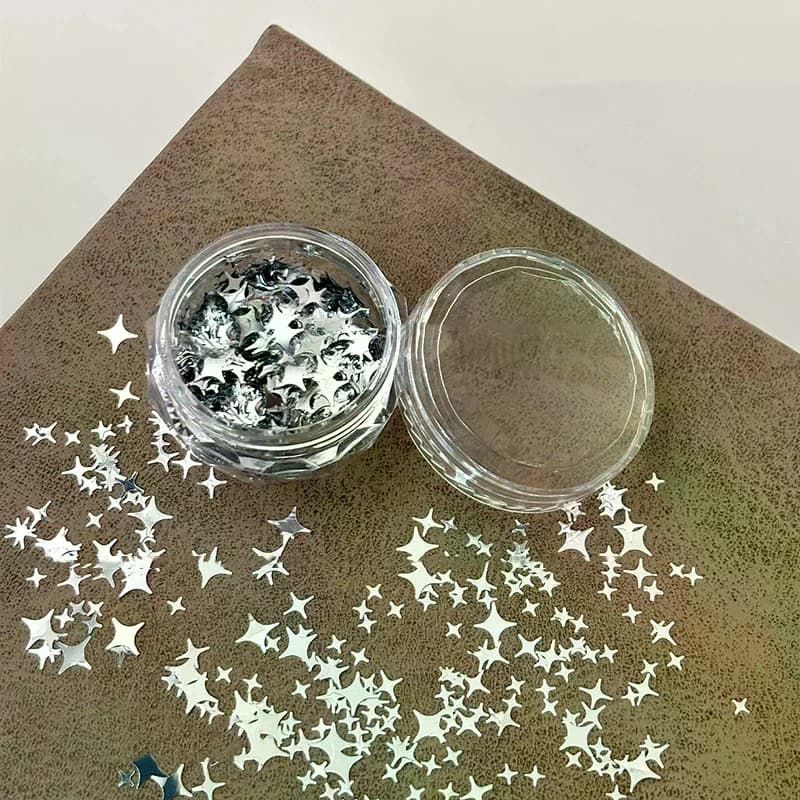 علبة واحدة من بريق الأظافر على شكل نجوم وشرائح لامعة وزخارف فنية للأظافر وإكسسوارات يدوية الصنع