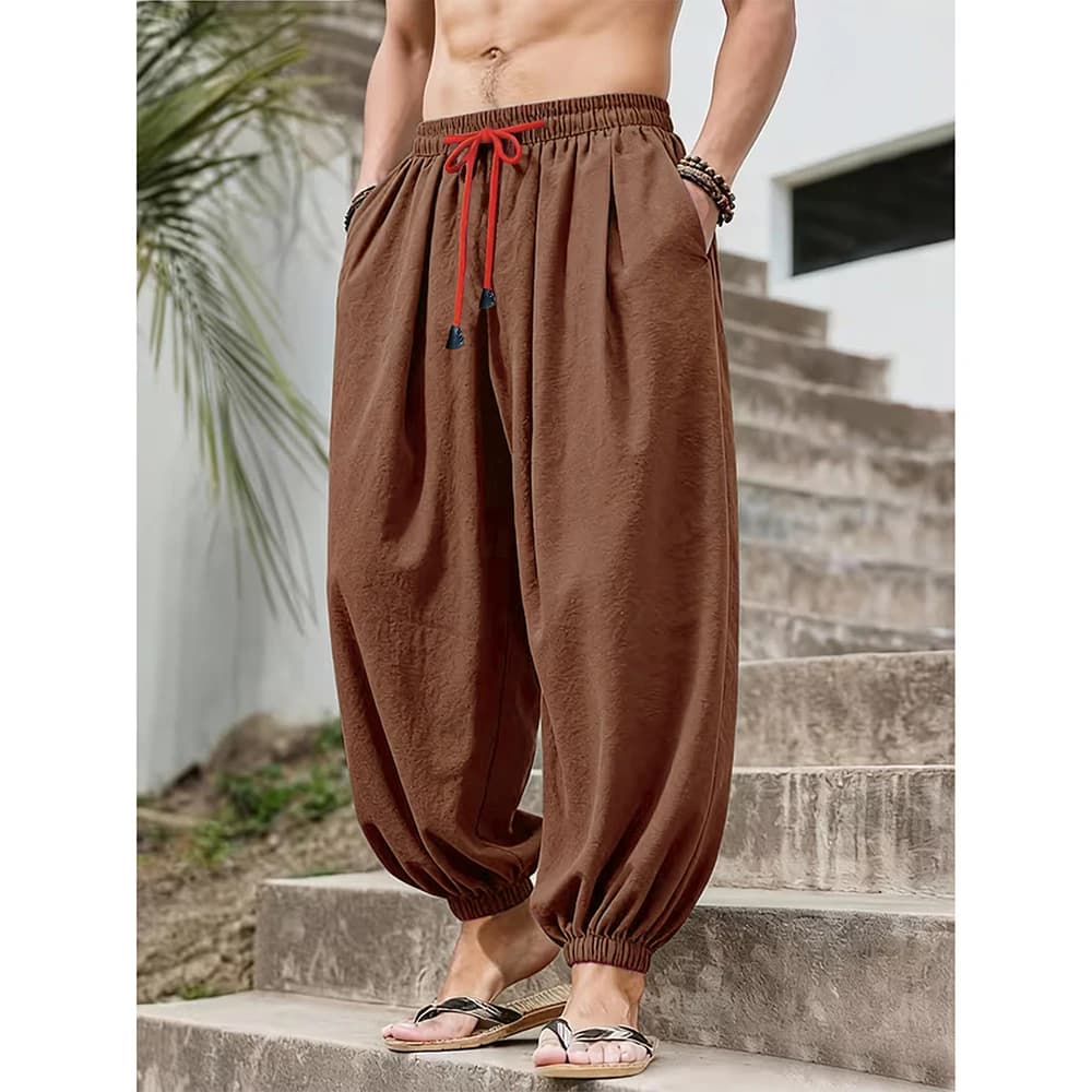 Men's Cotton Linen Wide Leg Pants Casual Loose Fit Solid Color Breathable Lightweight Elastic Waist Male Baggy Long Pants - 2