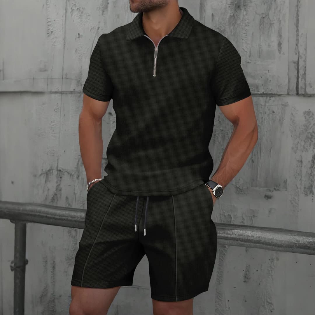 2026 Men Europe and the United States new summer Waffle solid color zip-up lapel short-sleeve suit shorts two sets - 5