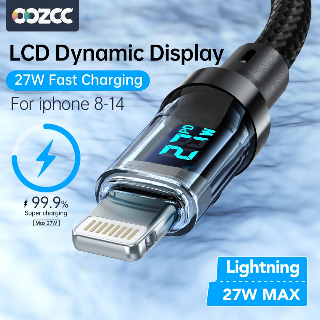 كابل شحن سريع PD 27 واط بشاشة LCD وصندوق شفاف لنقل البيانات، USB A Type-C إلى كابل لايتنينج لهاتف آيفون 14 برو ماكس/13/12