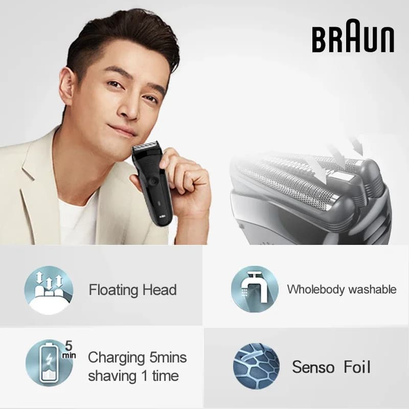 Braun 301S Men's Electric Shaver 3 Floating Head Safety Shaving Rechargeable Waterproof Electric Foil Razor Series 3 Black - 2