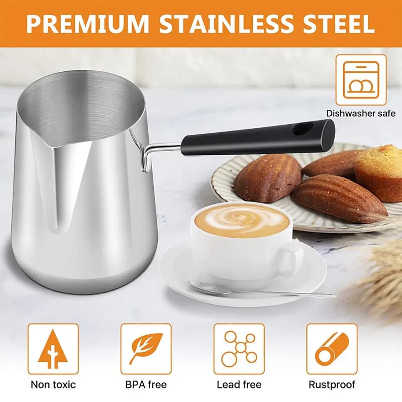 Long Handle Turkish Coffee Pot with Pouring Spout Stainless Steel Milk Butter Warmer Pot Stovetop Chocolate Melting Pan - 2