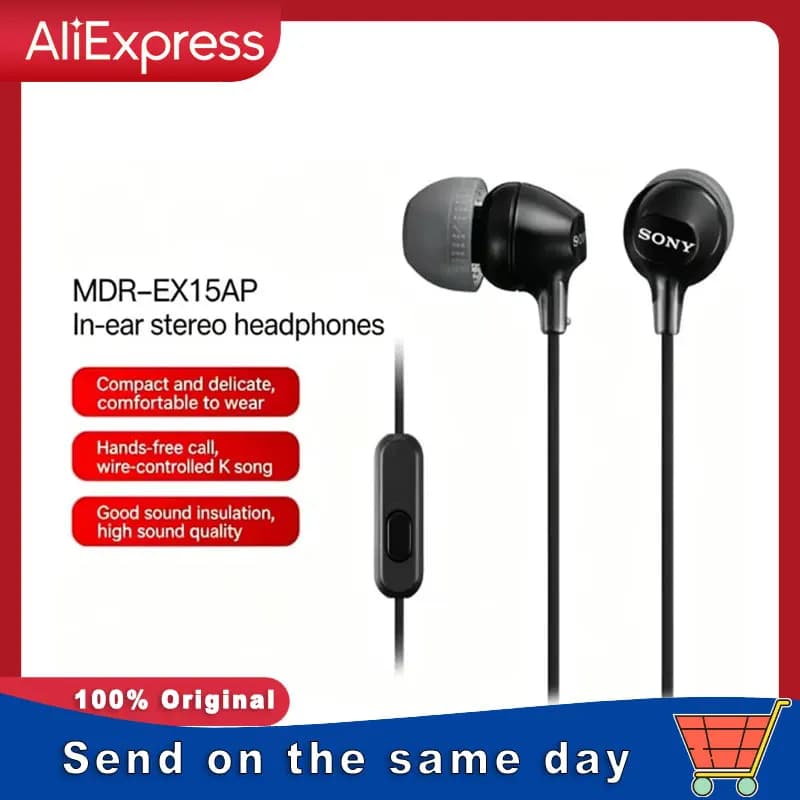 سماعات سوني MDR-EX15AP السلكية الأصلية، ستيريو عالي الدقة، إلغاء ضوضاء، سماعات رأس للموسيقى