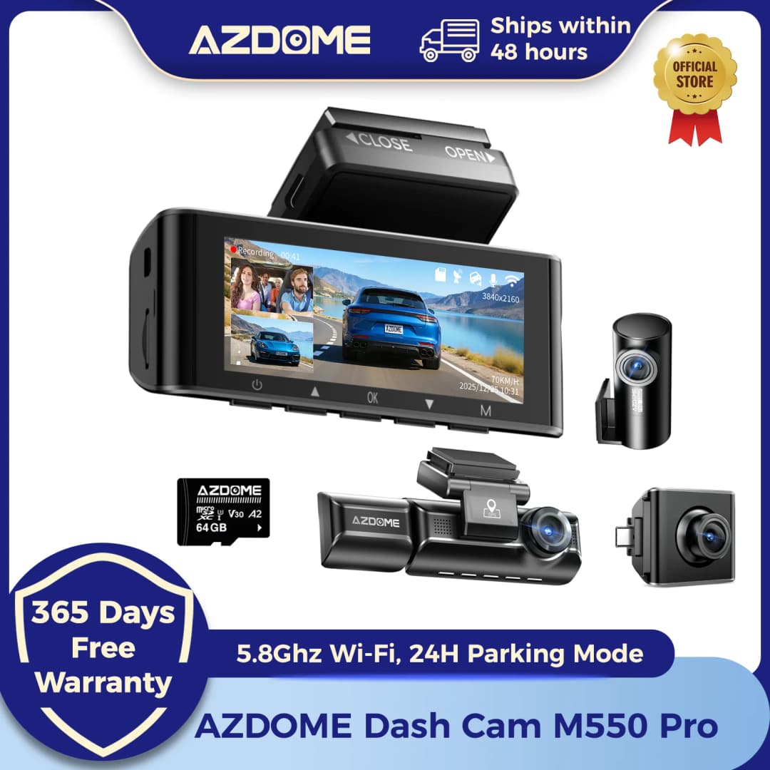 كاميرا سيارة AZDOME M550 برو 5.8 جيجاهرتز واي فاي 3 قنوات مدمجة GPS كاميرا سيارة بدقة 4K مستشعر G رؤية ليلية وضع انتظار 24 ساعة