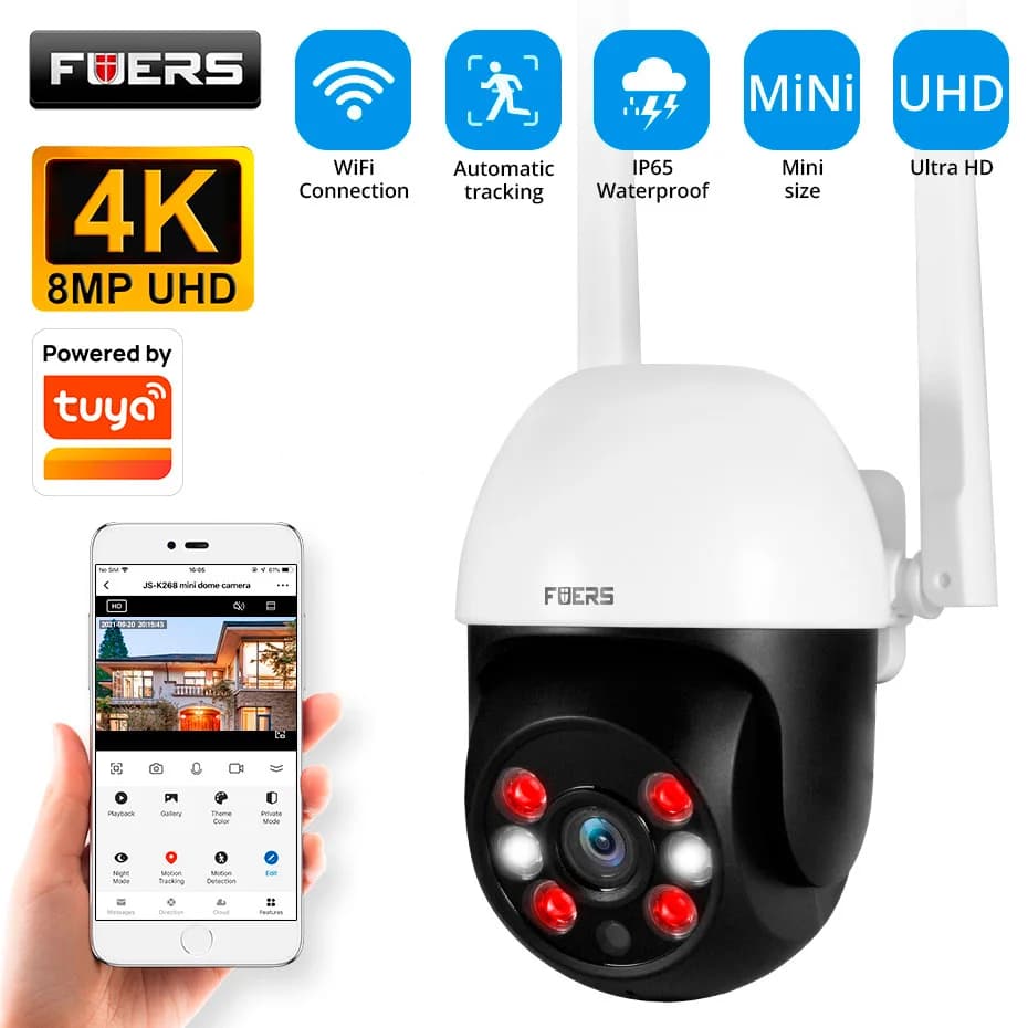 كاميرا IP من Fuers بدقة 8 ميجابكسل 4K للأمان الخارجي للمنزل مع تتبع تلقائي وكشف ذكي للبشر، تعمل مع Tuya Smart