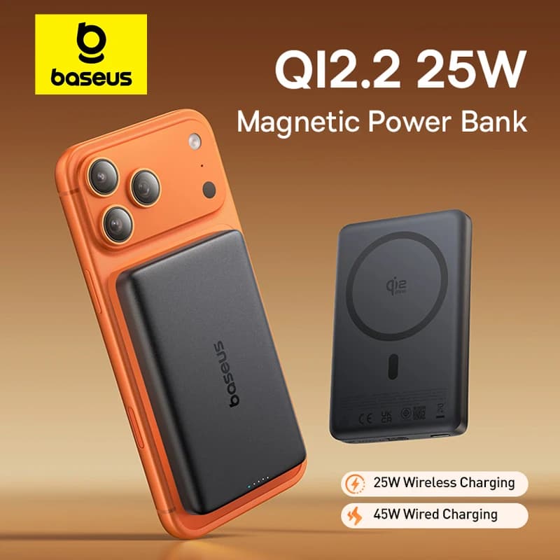 بنك طاقة بيسوس Qi2.2 بقدرة 25 واط، سعة 10000 مللي أمبير، شحن لاسلكي مغناطيسي PD 45 واط، منفذ USB-C، متوافق مع آيفون 17 و16 برو ماكس وسامسونج S25