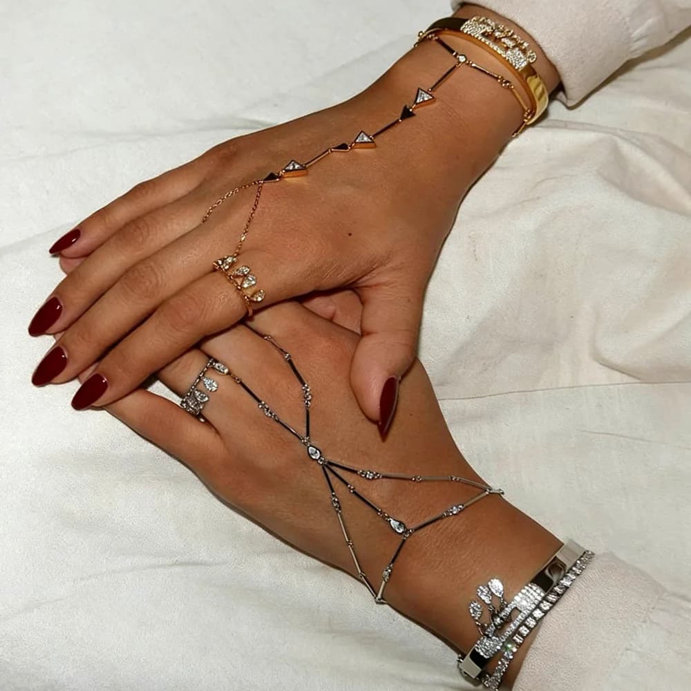 High Quality Long Tassel With Slippy Bar Bling Round Oval Triangle CZ Setting Women Unique Bracelet Wrap One's Finger Jewelry - 4
