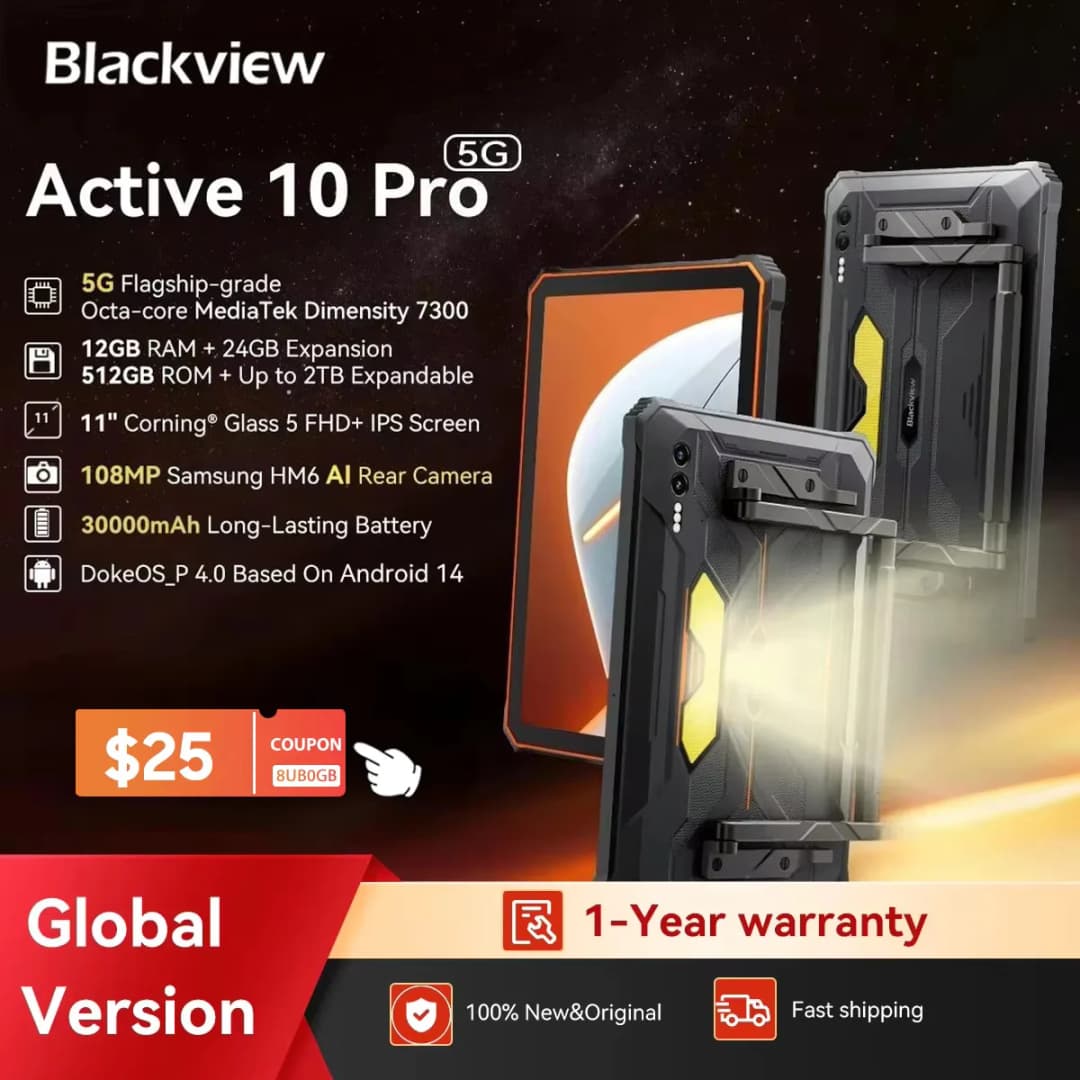 جهاز لوحي متين Blackview Active 10 Pro، يدعم 5G، معالج MTK 7300، شاشة 11 بوصة FHD+، ذاكرة رام 12 جيجابايت، ذاكرة داخلية 512 جيجابايت، بطارية 30000 مللي أمبير، كاميرا 108 ميجابكسل
