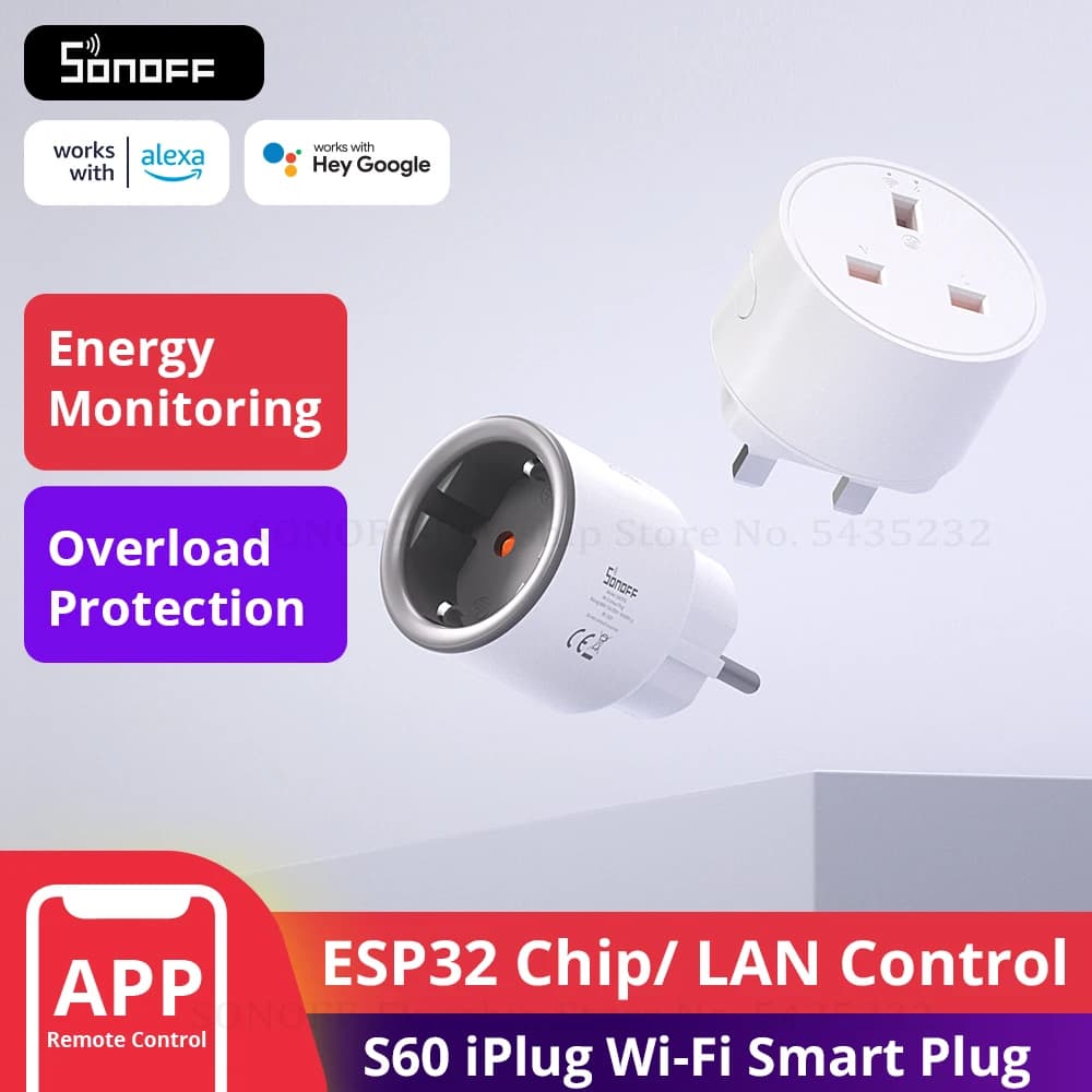 SONOFF S60  EU/UK مقبس ذكي واي فاي مع مخرج مراقبة الطاقة  مقبس ذكي حماية من التحميل الزائد مؤقت لأليكسا جوجل هوم أليس