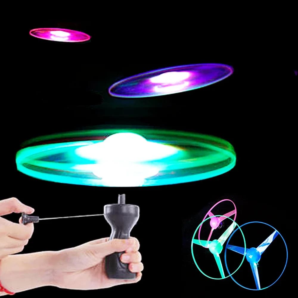 أقراص طيران مضيئة للأطفال ألعاب مروحة إضاءة LED لعبة UFO طائرة بسحب الخيط لعبة غزل خارجية هدية لعبة رياضية