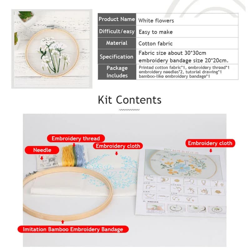 مجموعة تطريز يدوية DIY - نمط الزهور البيضاء والنباتات - عدة تطريز عبر الإبرة للمبتدئين - أدوات حرف يدوية - 6