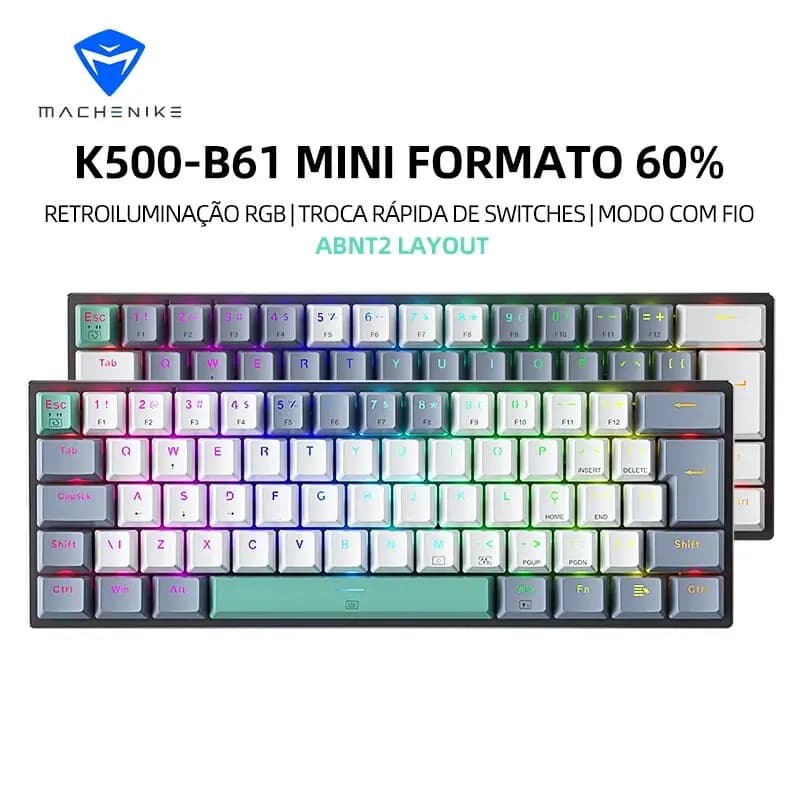 لوحة مفاتيح ميكانيكية صغيرة Machenike K500-B61، تخطيط ABNT2 بنسبة 60%، إضاءة RGB خلفية، مفاتيح قابلة للتبديل السريع، NKRO، سلكية، متوافقة مع أجهزة الكمبيوتر للألعاب