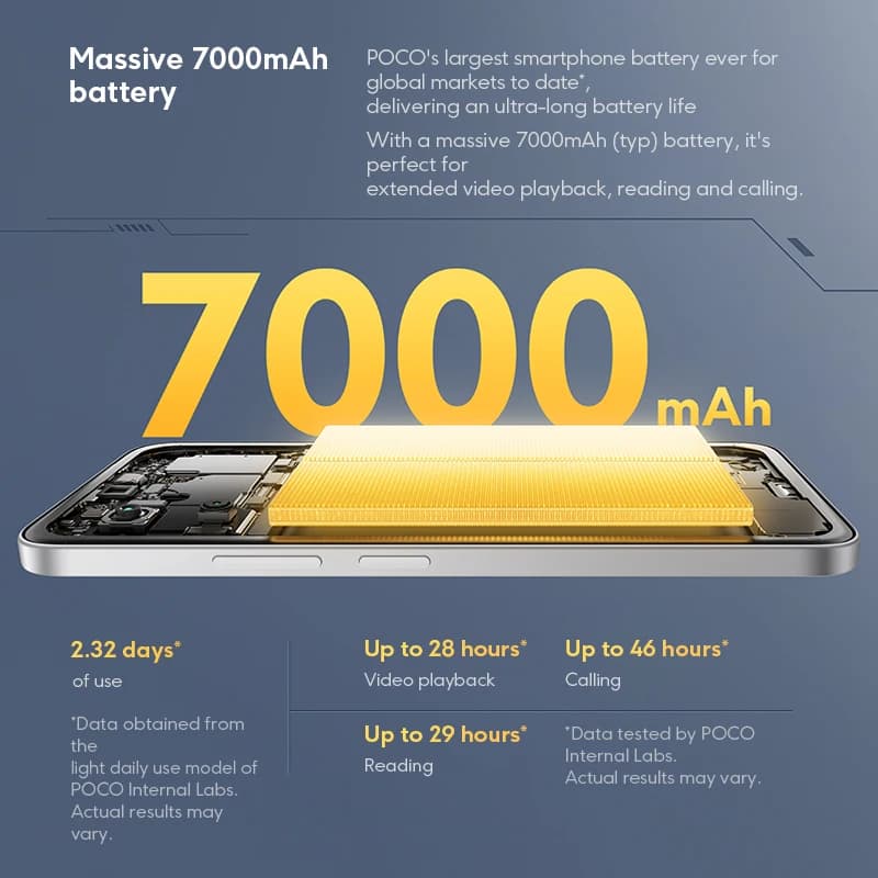 هاتف POCO M7 نسخة عالمية معالج Snapdragon 685 شاشة 6.9 بوصة 144 هرتز FHD+ بطارية 7000 مللي أمبير NFC شحن سريع 33 واط NFC - 6