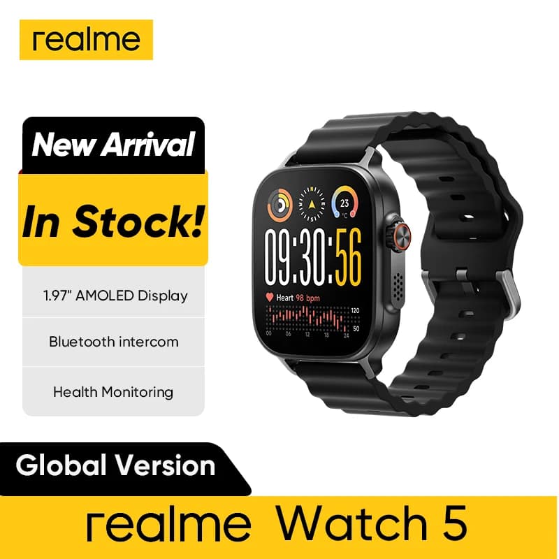 إصدار عالمي realme watch 5 شاشة 1.97 بوصة 600nits AMOLED بطارية 460mAh تدوم حتى 14 يومًا 300+ ثيم دعم GPS GNSS مقاوم للماء IP68