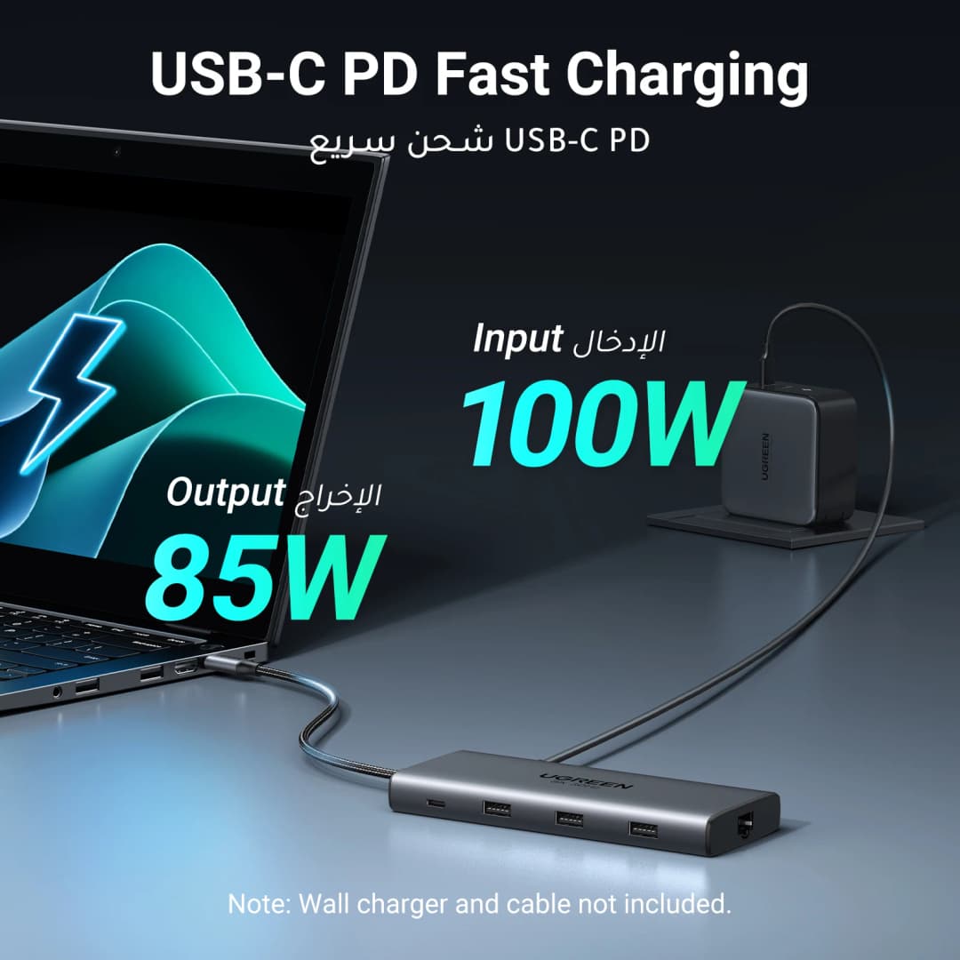 محول HDMI مزدوج من UGREEN مع منفذ USB-C يدعم 8K و4K ومقسم 10 في 1 مع منفذ RJ45 وUSB 3.0 وPD 100 واط لأجهزة ماك بوك برو وأير والكمبيوتر المحمول - 4