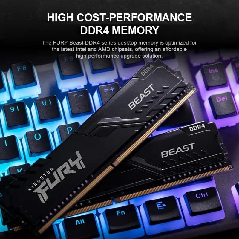 ذاكرة Kingston BEAST Fury DDR4 RAM XMP بسرعات 3600/3200/2666/2400/2133 ميجاهرتز بسعات 8 جيجابايت/16 جيجابايت/32 جيجابايت لذاكرة سطح المكتب للألعاب PC4-25600/PC4-19200 288Pin DIMM - 5
