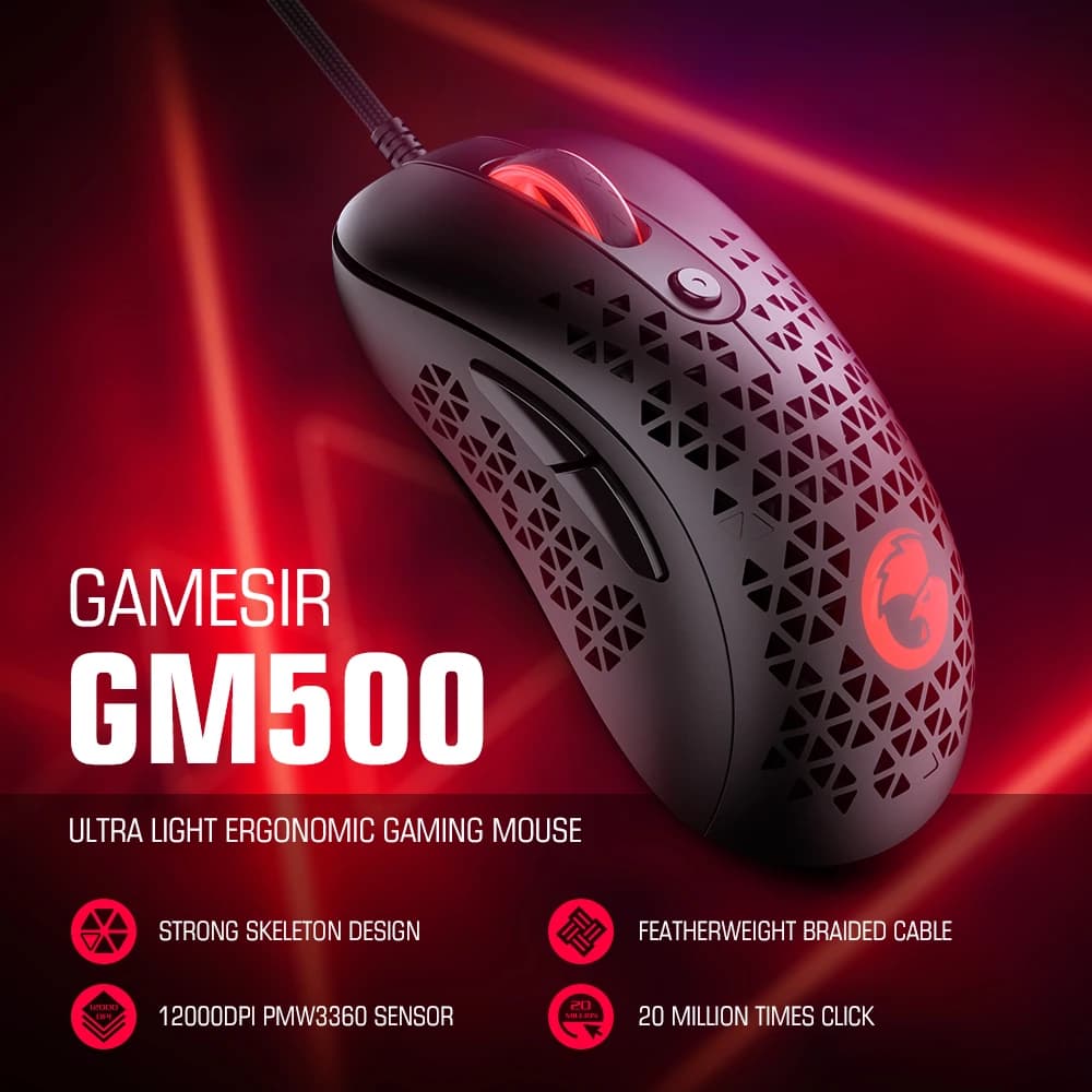 فأرة ألعاب سلكية GameSir GM500 خفيفة الوزن، مستشعر بصري PMW33600، دقة 12000 DPI