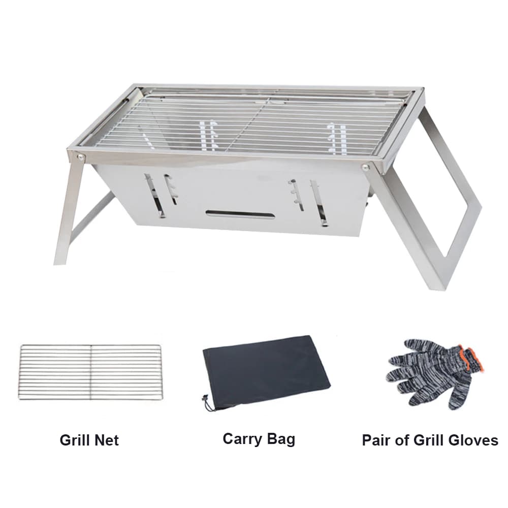 Portable Camping BBQ Grill 3 Hight Adjustable Stainless Steel Folding Charcoal Backpacking Stove with Grill Gloves Carry Bag - 2