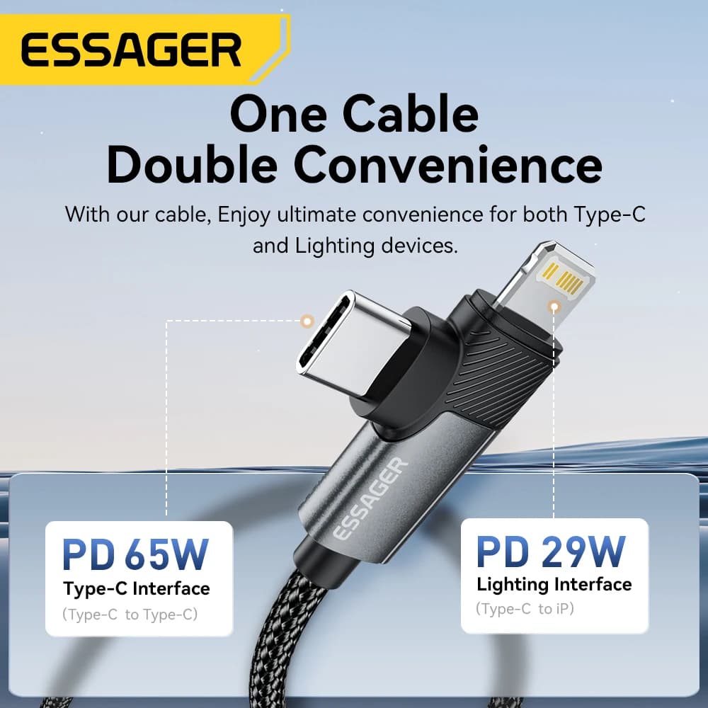 Essager 2-in-1 Right Angle Cable PD 65W 29W Fast Charging Elbow Data Cable For iPhone 15 14 13 MacBook Lenovo Asus Dell iPad Pro - 3