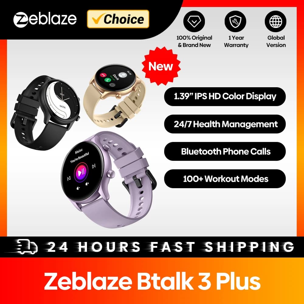 ساعة زيبليز Btalk 3 بلس الذكية الجديدة - شاشة ملونة HD 1.39 بوصة، اتصال صوتي، تتبع اللياقة، للرجال والنساء