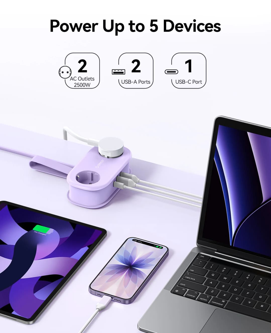 شريط طاقة ORICO AP3 بقابس EU مع 2 منفذ AC و2 منفذ USB ومنفذ Type-C وكابل تمديد 1.53 متر - 2