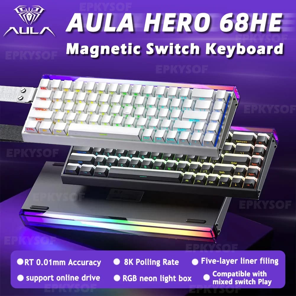 لوحة مفاتيح ميكانيكية للألعاب AULA HERO 68HE مع مفتاح مغناطيسي، إضاءة RGB، زناد سريع، عودة 8K، لوحة مفاتيح سلكية مخصصة للرياضات الإلكترونية