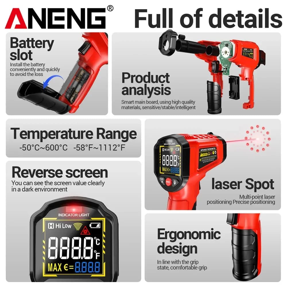 مقياس حرارة الأشعة تحت الحمراء الرقمي من أنينج TH203 -50~600℃ مقياس حرارة غير تلامسي جهاز اختبار مقياس رطوبة أداة صناعية - 5