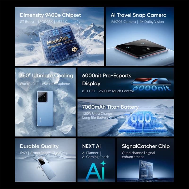 هاتف realme GT 7 الذكي بتقنية 5G ومعالج Dimensity 9400e وبطارية 7000 مللي أمبير في الساعة وشحن 120 واط وشاشة AMOLED مقاس 6.78 بوصة بمعدل تحديث 120 هرتز وكاميرا سوني 50 ميجابكسل مع مثبت صورة بصري - 2