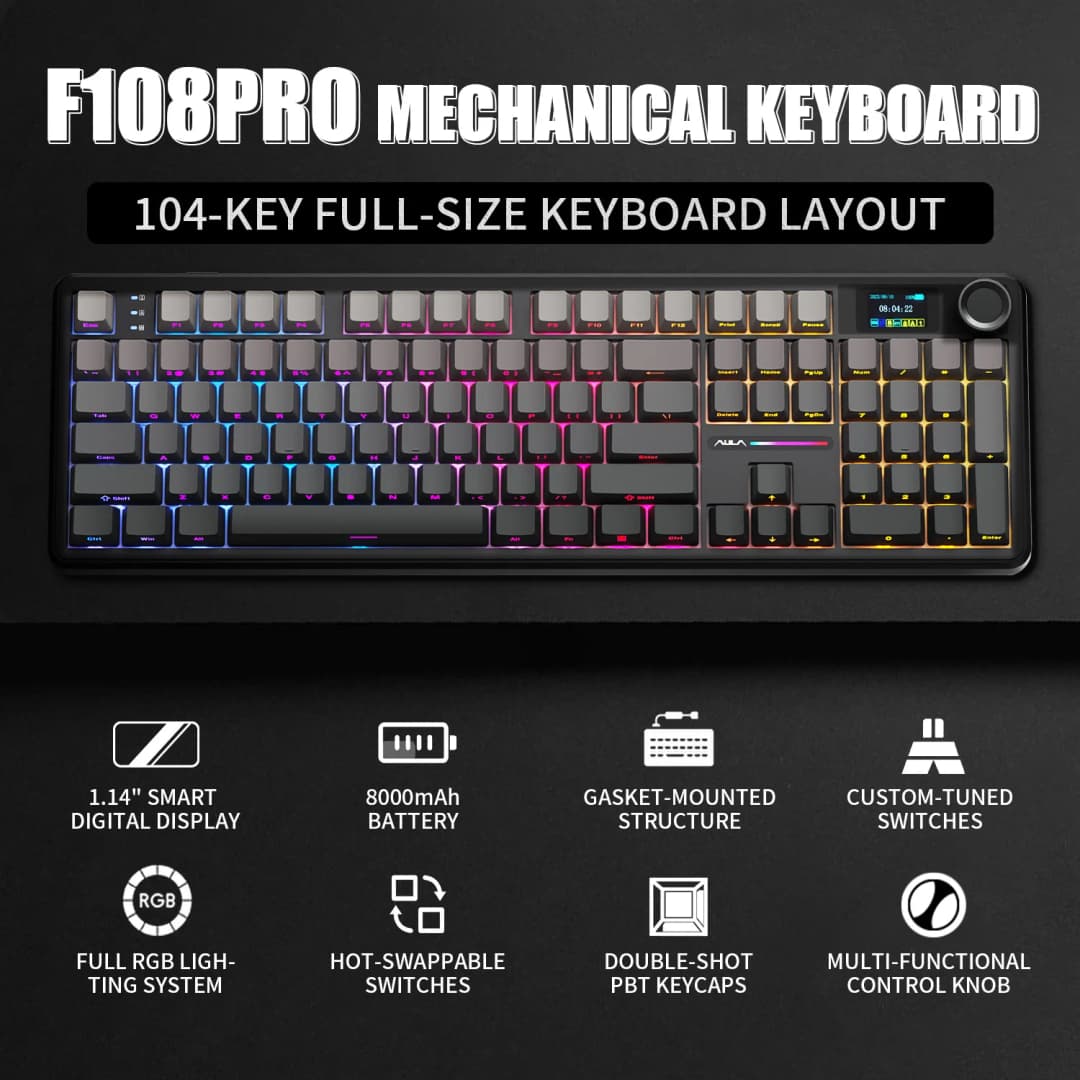 AULA F108 PRO/F108 لوحة مفاتيح ميكانيكية مخصصة 100% تخطيط إضاءة خلفية RGB لاسلكية بلوتوث Hifi سويتش لوحة مفاتيح ألعاب