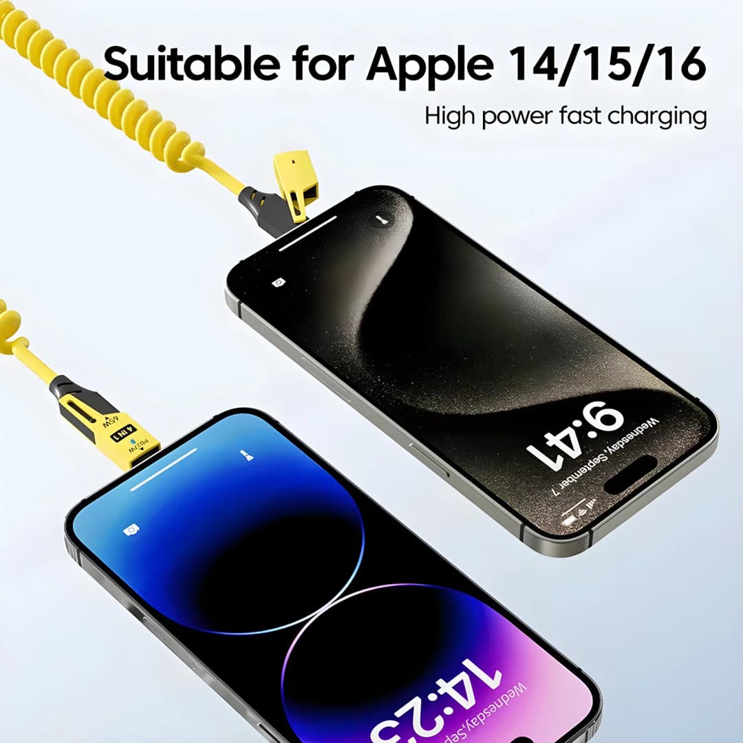 شاحن سريع 65W كابل USB نابض 4 في 1 كابل بيانات نابض 6A USB Type C سلك تلسكوبي نابض لهواتف آيفون آيباد ماك بوك هواوي - 2