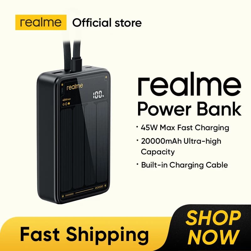 بنك طاقة realme TechLife بقدرة 20000 مللي أمبير، شحن سلكي 45 واط، كابل شحن مدمج، 3 منافذ إخراج