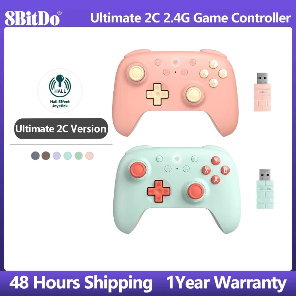 8BitDo Ultimate 2C وحدة تحكم ألعاب لاسلكية 2.4G يد تحكم بتأثير هول لكمبيوتر، Windows 10 11، Steam Deck، Raspberry Pi، أندرويد