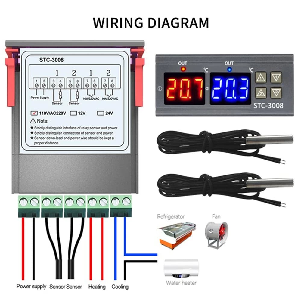 تحكم رقمي مزدوج في درجة الحرارة STC-3008، مخرجين ريلاي، 12V/24V/220V، منظم حرارة، سخان/مبرد مع مسبار - 3