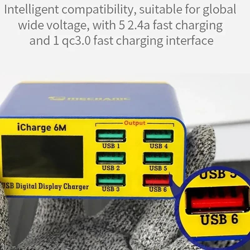 شاحن ذكي MECHANIC iCharge 6M QC 3.0 USB، يدعم الشحن السريع، بشاشة LCD رقمية، شاحن متعدد المنافذ للأجهزة اللوحية والهواتف - 6