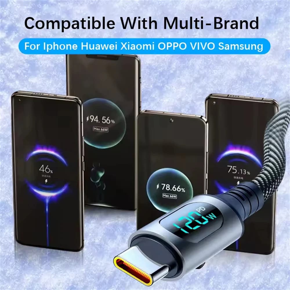 NNBILI 6A 120W USBA إلى النوع C كابل شحن سريع للغاية سلك بيانات نايلون لشاومي POCO سامسونج مع كابل شاشة ديجيتال Led - 6