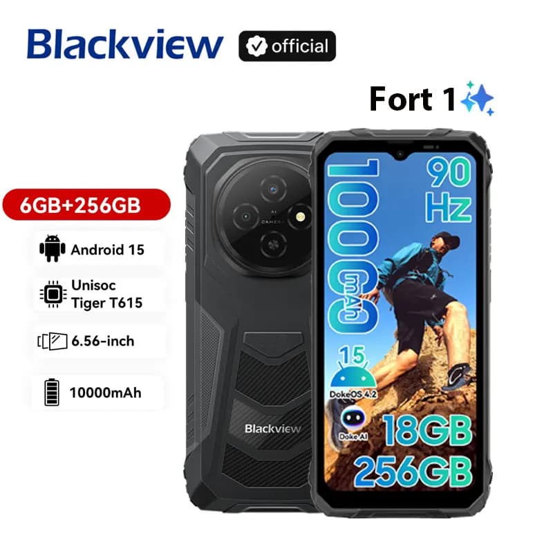 هواتف Blackview FORT 1 المتينة، 6.65 بوصة أندرويد 15 هاتف ذكي AI 6GB RAM 256GB+2TB ROM، Unisoc Tiger T615 10000mAh