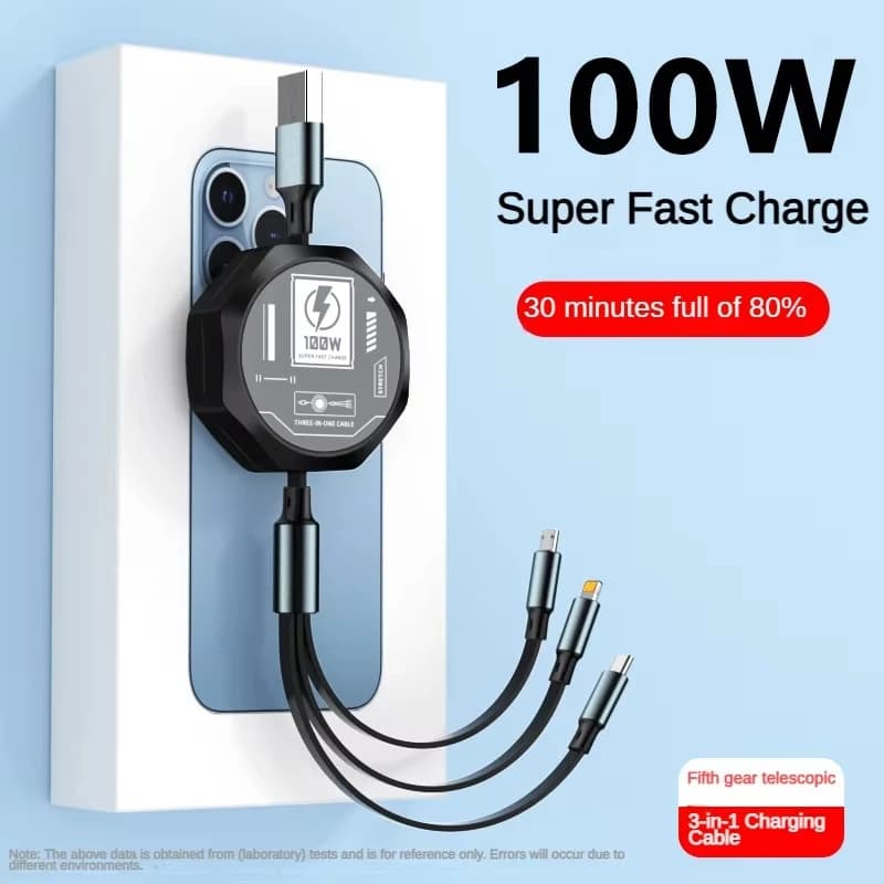 كابل USB قابل للسحب 3 في 1، شحن سريع 100 واط، مايكرو USB، Type-C، أندرويد، مناسب لهواتف آيفون وشاومي وهواوي وسامسونج - 3