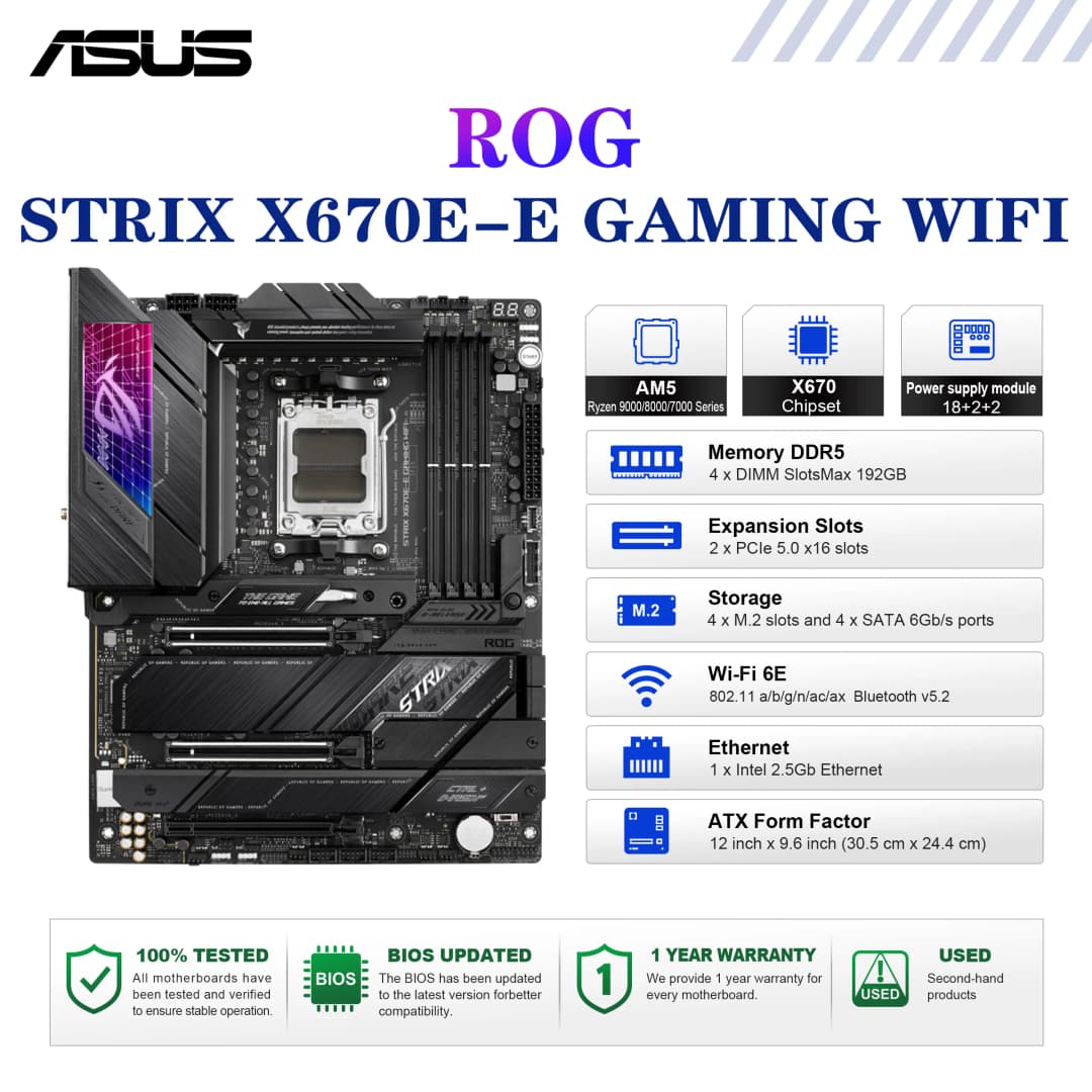لوحة أم ASUS ROG STRIX X670E-E GAMING WIFI مقبس AM5 معالج DDR5 8000+(OC) ذاكرة مجموعة شرائح X670 لوحة رئيسية ATX