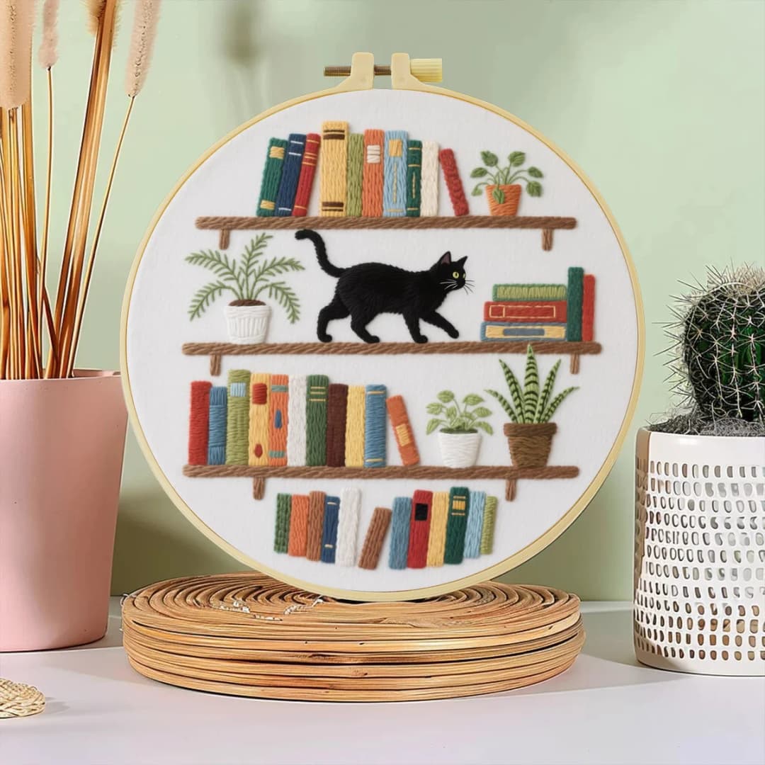 1 قطعة عدة تطريز يدوية DIY - نمط القط على رف الكتب (20x20 سم) - ديكور منزلي وفن الإبرة والخياطة