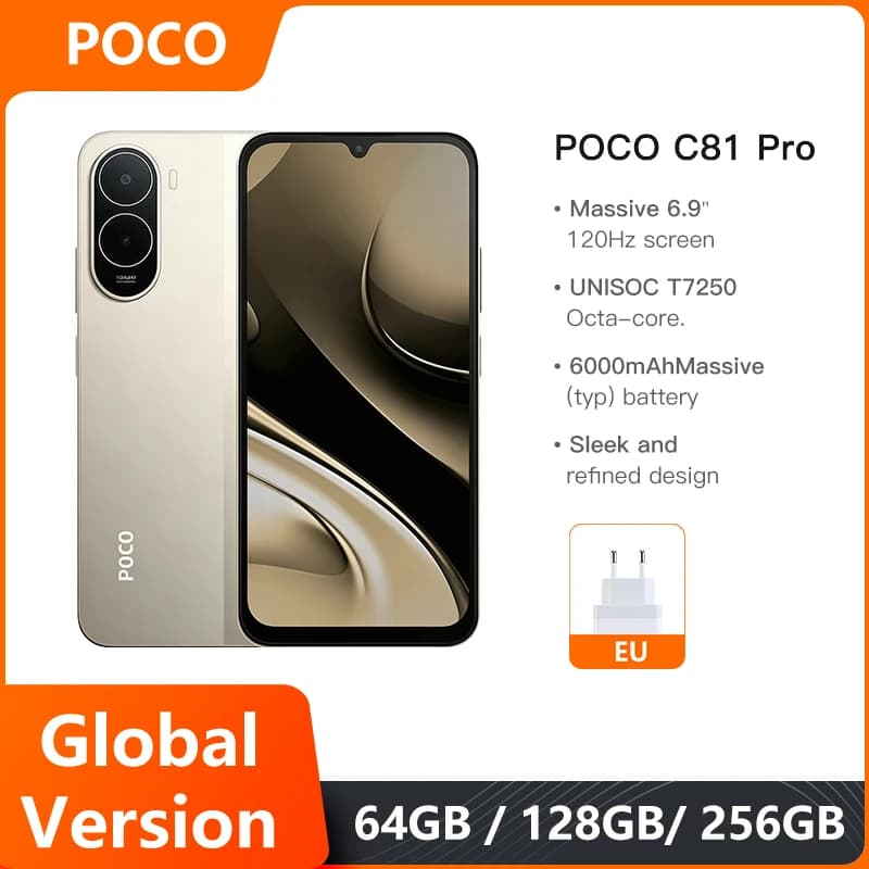 هاتف ذكي POCO C81 Pro إصدار عالمي، شاشة 6.9 بوصة، معدل تحديث 120 هرتز، بطارية 6000 مللي أمبير، معالج UNISOC T7250 ثماني النواة، نظام تشغيل HyperOS 3، موديل 2026